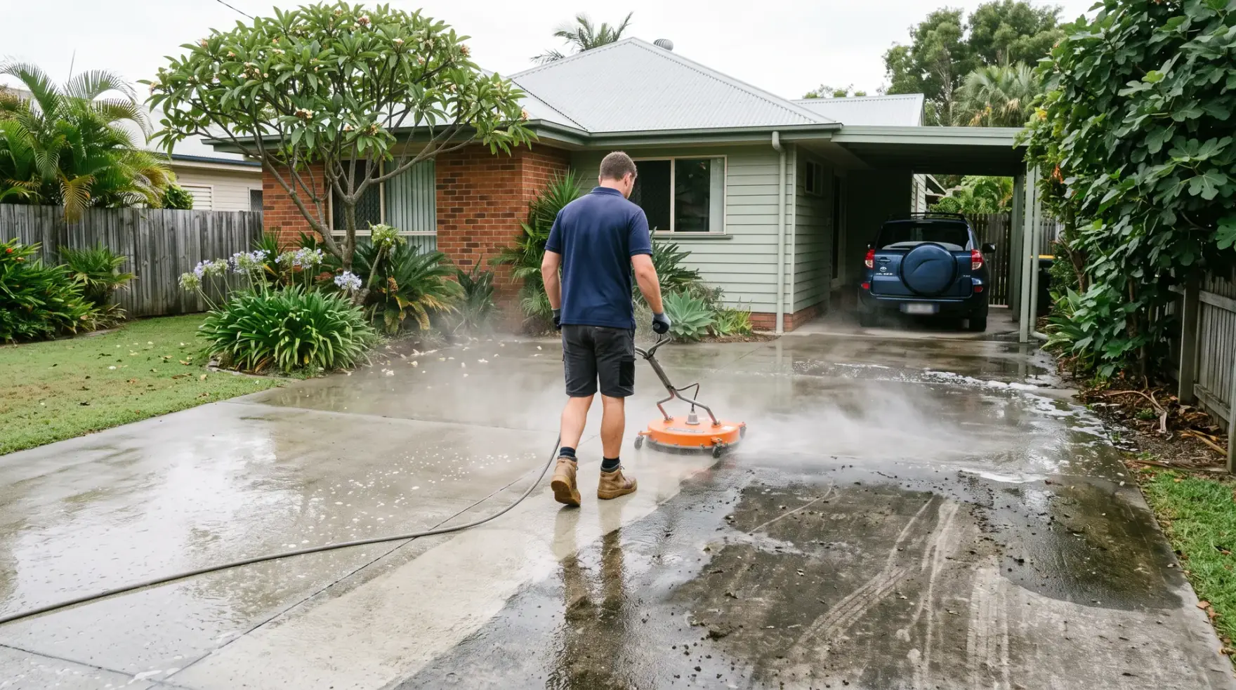A worker running a rotary surface cleaner across a Brisbane concrete driveway, the cleaned strip clearly paler than the grimy concrete ahead of it